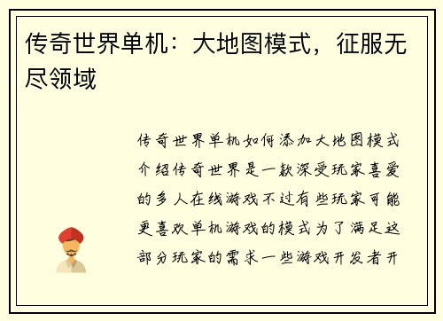 传奇世界单机：大地图模式，征服无尽领域